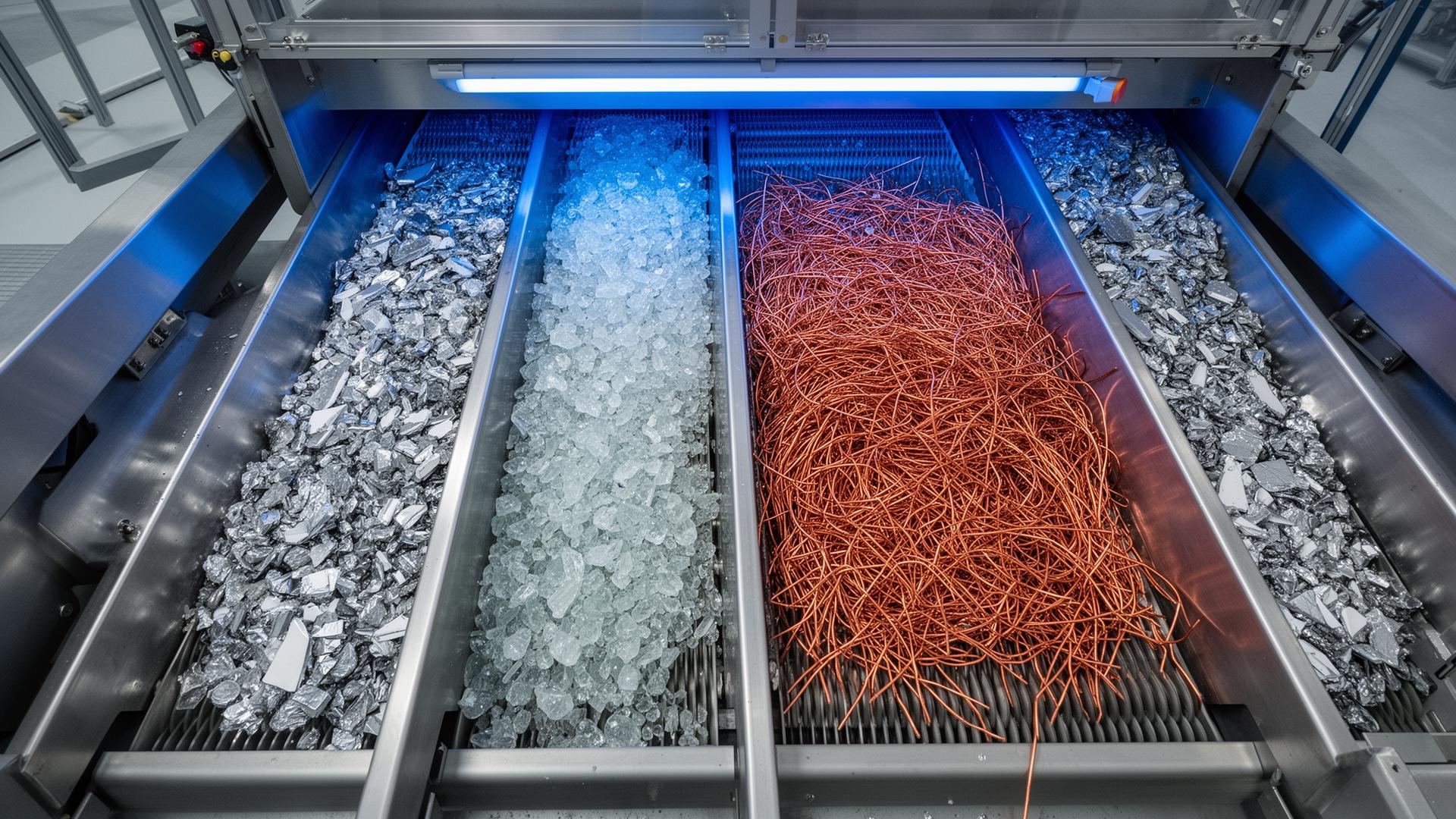 Industrial conveyor sorting glass, aluminum, copper and silicon